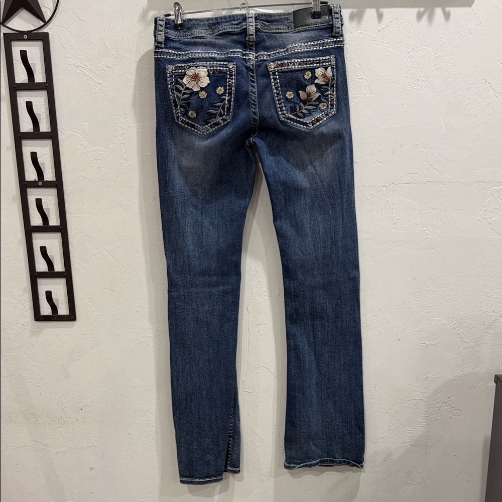 Shyanne Blue Straight Leg Jeans with Floral Embroidery
